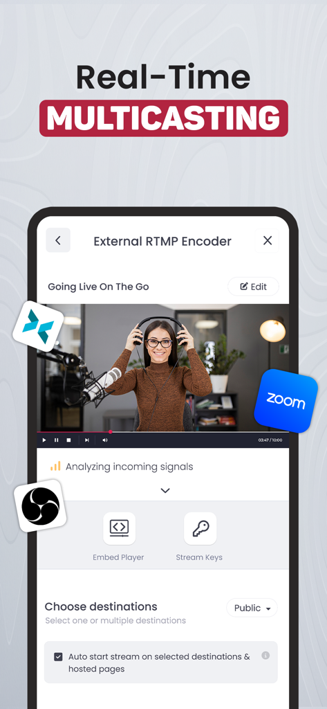 OneStream Live - Interface de l'application mobile OneStream Live montrant le multicasting en temps réel et les paramètres de l'encodeur RTMP externe avec un aperçu vidéo.