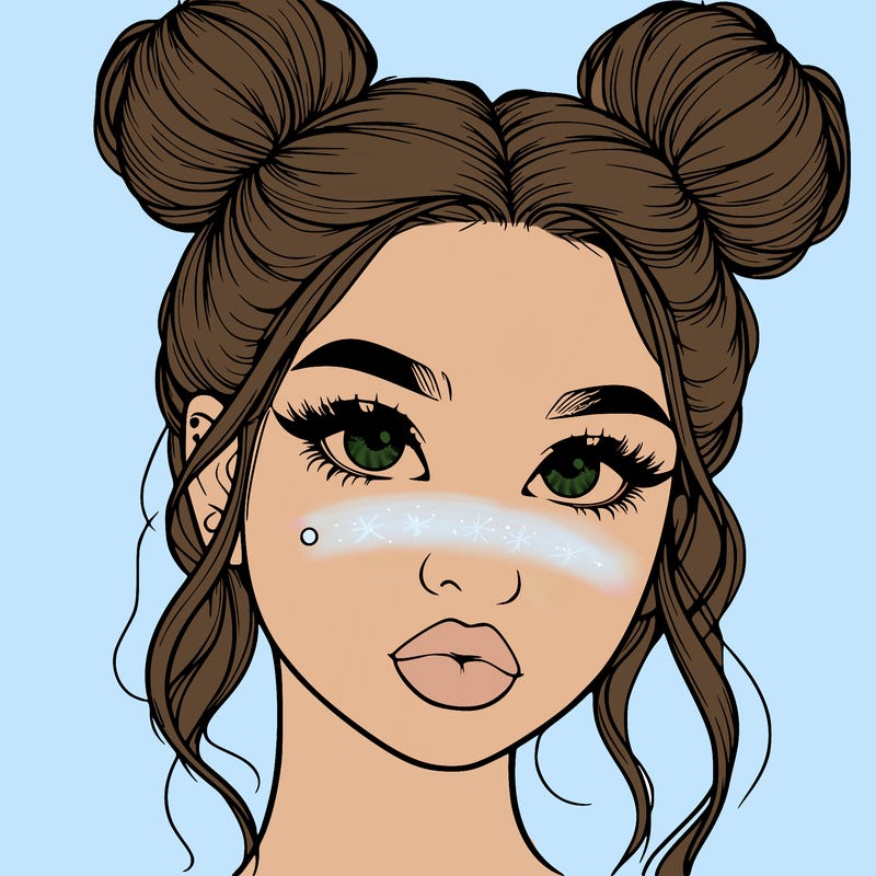 realistic girl with two buns on her hair and lips