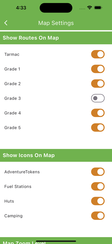Pantalla de configuración del mapa en la aplicación Adventure Guide Navigator que muestra interruptores para grados de pista e iconos de puntos de interés