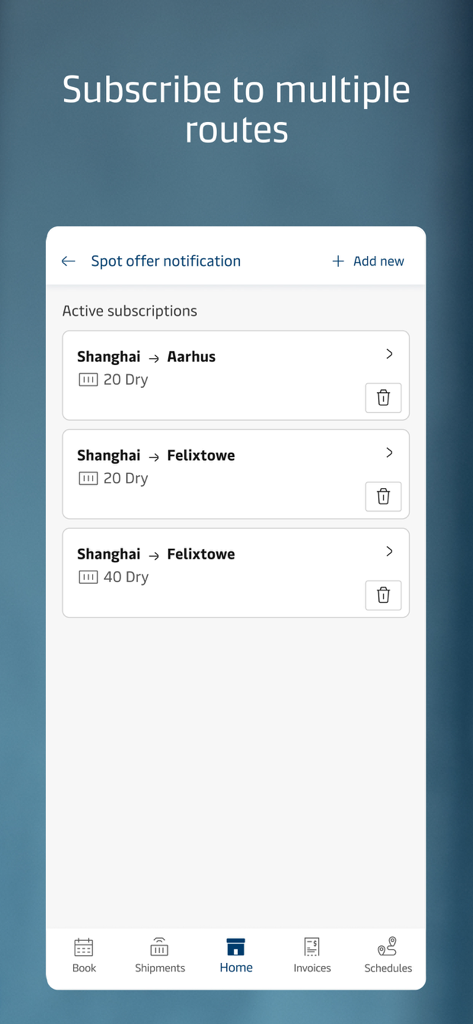 Maersk - スポットオファー通知のためのアクティブな配送ルートのサブスクリプションを表示するマースクモバイルアプリのインターフェース