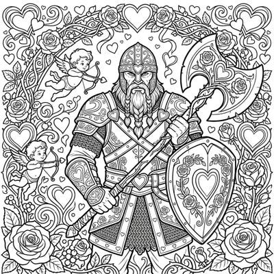 Unleash your creativity with this unexpected Berserker Valentine's Day coloring page, blending the might of a Norse warrior with symbols of love. Immerse yourself in a world where battle-hardened strength meets tender romance, ready for your artistic touch.