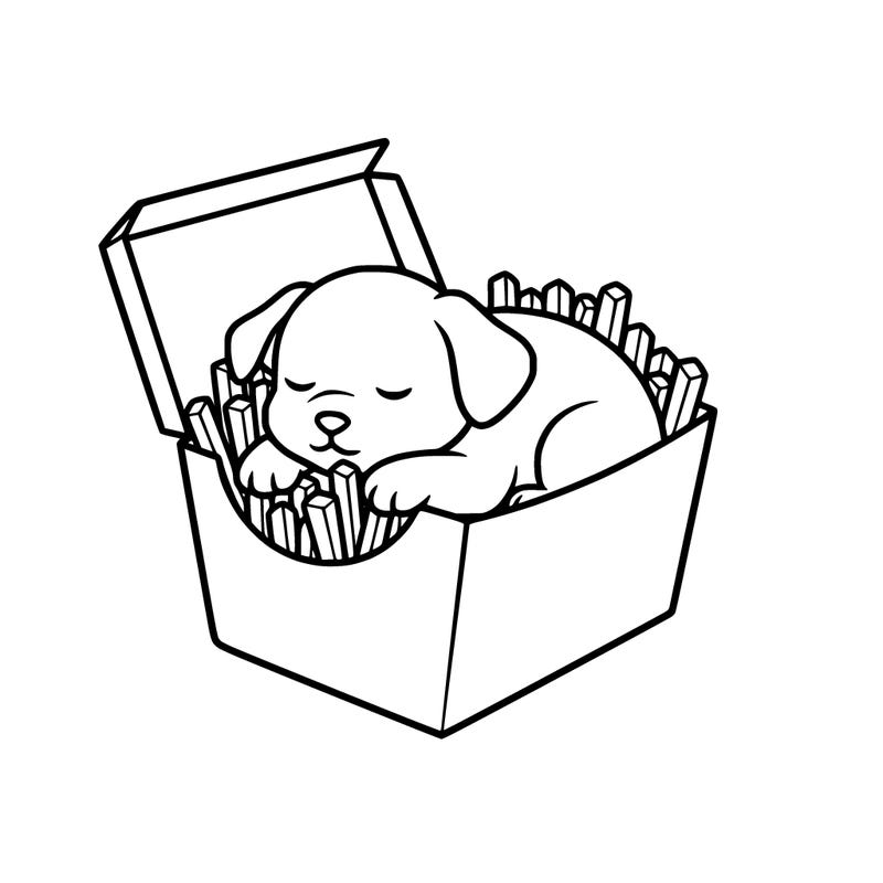 an cute easy drawing of a puppy in a box of fries