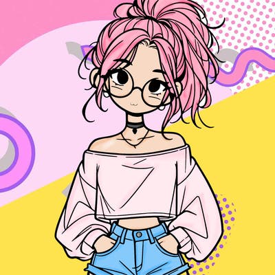 girl with a messy ponytail glasses a baggy crop top and jean shorts