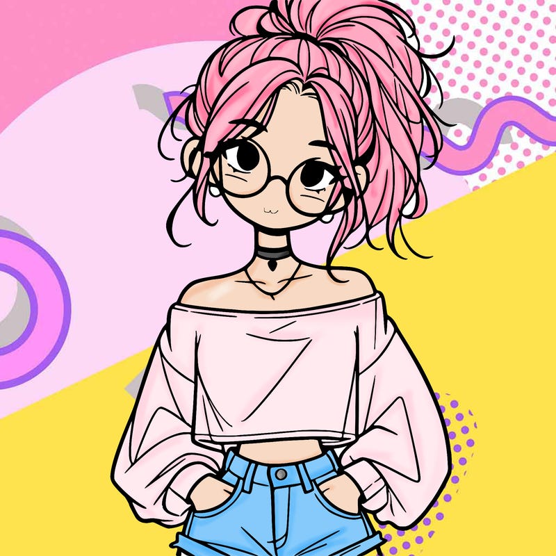 girl with a messy ponytail glasses a baggy crop top and jean shorts