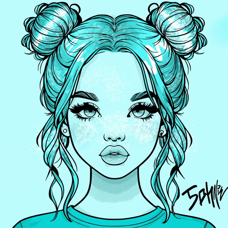 realistic girl with two buns in hair and lips