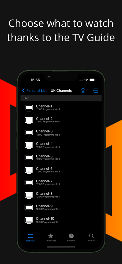 Streeme: IPTV Streaming - Streeme IPTV mobile App-Oberfläche zeigt eine Liste von UK-Sendern und die TV-Guide-Funktion.