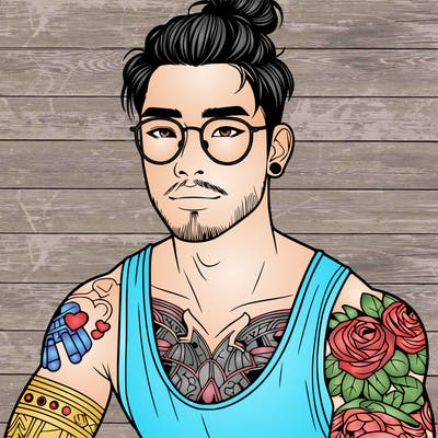 young attractive asian man with a man-bun, glasses, and tattoo's