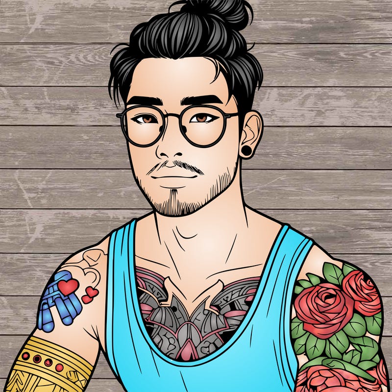 young attractive asian man with a man-bun, glasses, and tattoo's