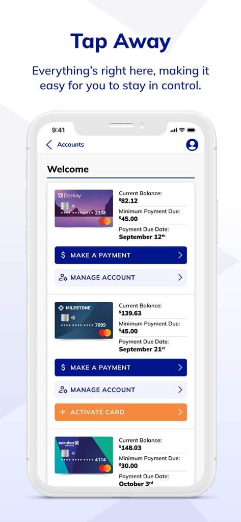 Interfaccia dell'app Concora Credit che mostra saldi di diverse carte di credito e opzioni di pagamento.