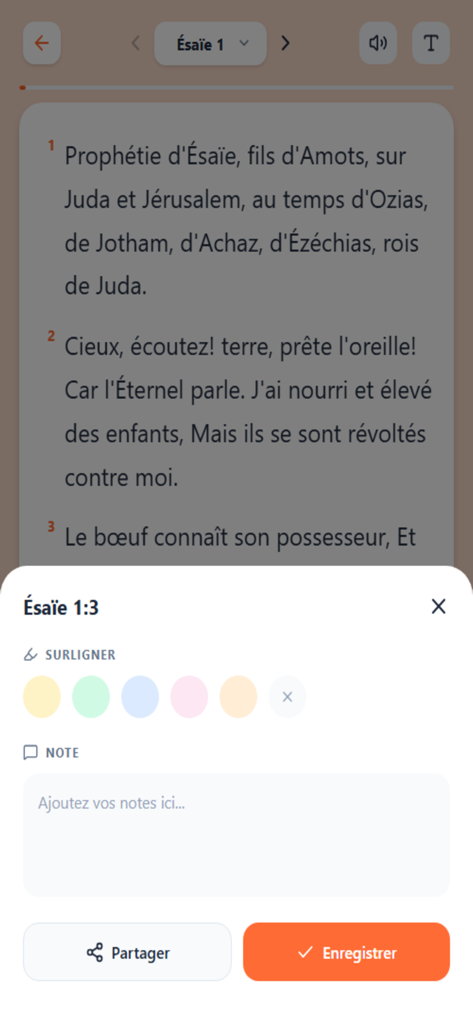 French Bible app study tools including verse highlighting and personal note options
