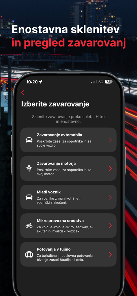 DRAJV - Interface of the DRAJV app showing insurance selection options for cars motorcycles and young drivers