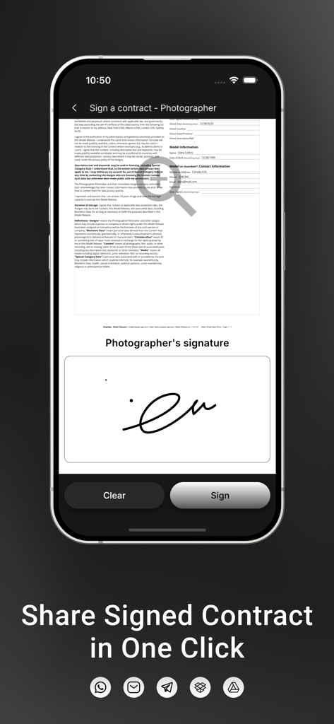SnapSign mobile app interface showing a photographer signing a model release form with options to share the signed contract.