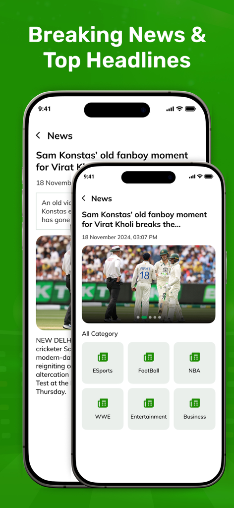 Live Cricket TV HD : IPL 2025 - Mobile app screen showing breaking news headlines and sports categories including Cricket, Football, and NBA