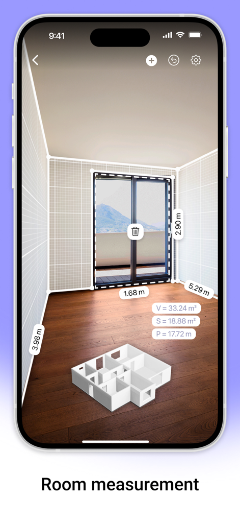 AR Plan 3D Measure Floor, Room - AR Plan 3d app interface showing augmented reality room measurement with dimensions and 3D floor plan model.