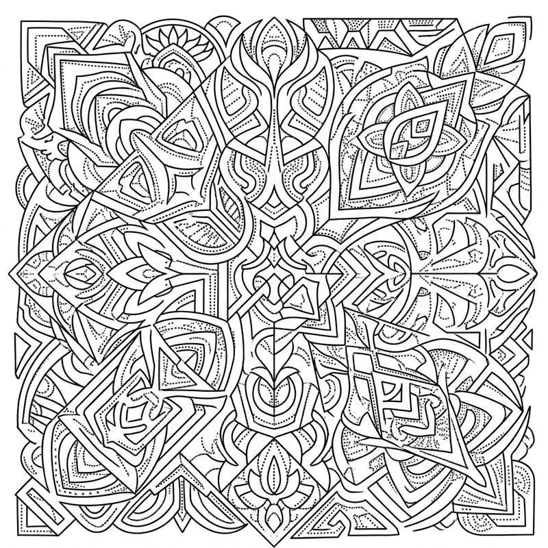 Dive into a world of intricate detail with this stunning dot work geometric patterns coloring page. This abstract design offers a unique blend of precise lines and dotted textures for a truly engaging artistic experience.