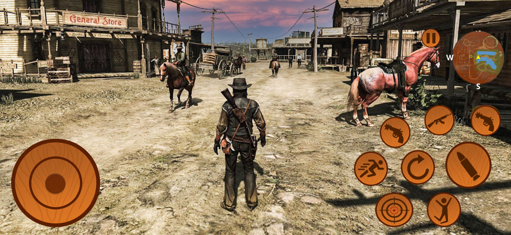 Cowboy Cleaner Sim Horse Game - Un personaje vaquero parado en un pueblo polvoriento del oeste con caballos y una tienda general en un juego de mundo abierto.