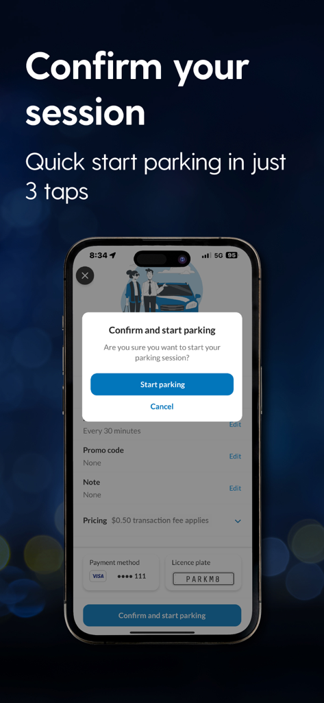 ParkMate app interface showing a confirmation popup to start a parking session with one tap.
