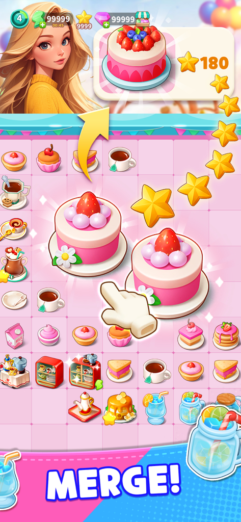 Merge Night Live - A gameplay screenshot of Merge Night Live showing a board of food items where two strawberry cakes are being merged to create a larger dessert.