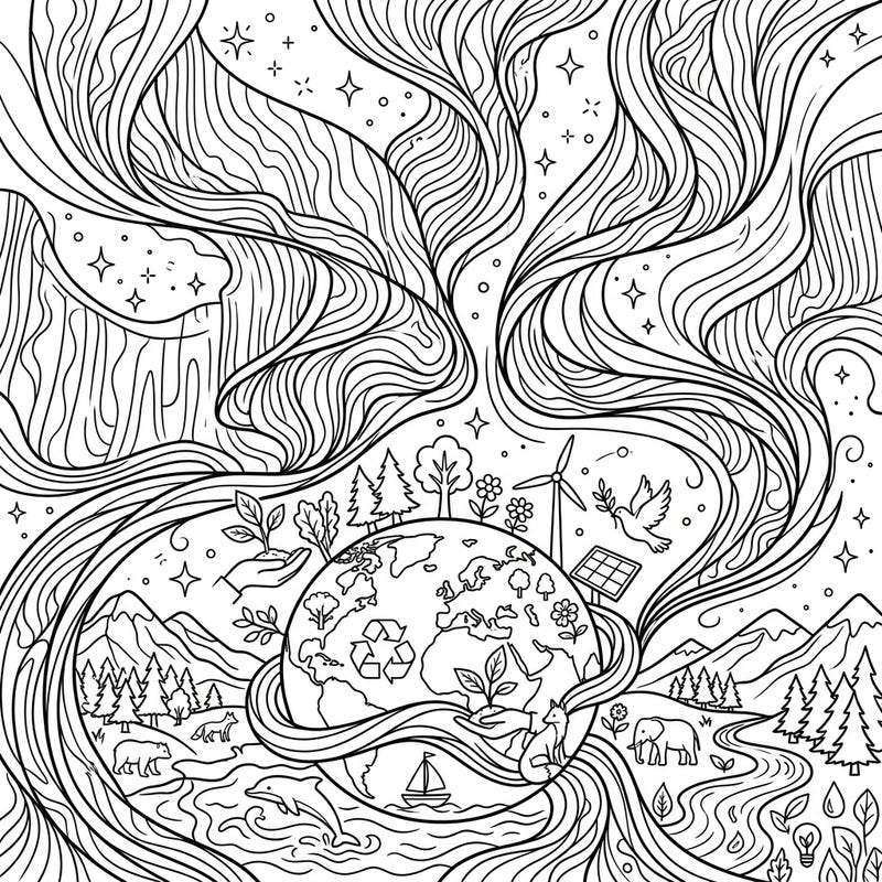 Immerse yourself in a breathtaking coloring journey that beautifully merges the ethereal glow of auroral curtains with the profound message of Earth Day. This intricate design celebrates our planet's diverse ecosystems and the spirit of environmental conservation.