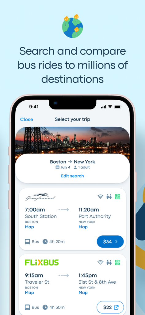 Busbud: Bus & Train Tickets - Busbud mobile app displaying bus ticket options and prices for a trip from Boston to New York