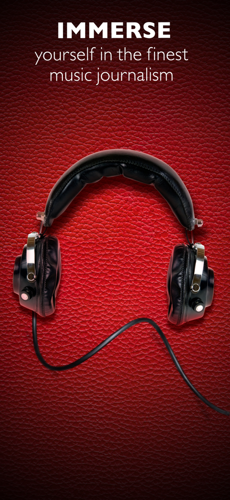 Mojo: The Music Magazine - Classic headphones on a red leather background promoting immersive music journalism