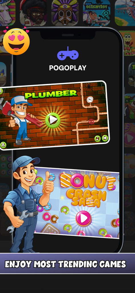 Plumber 및 Donut Crash Saga를 포함한 오프라인 게임 컬렉션을 표시하는 PogoPlay 앱 인터페이스