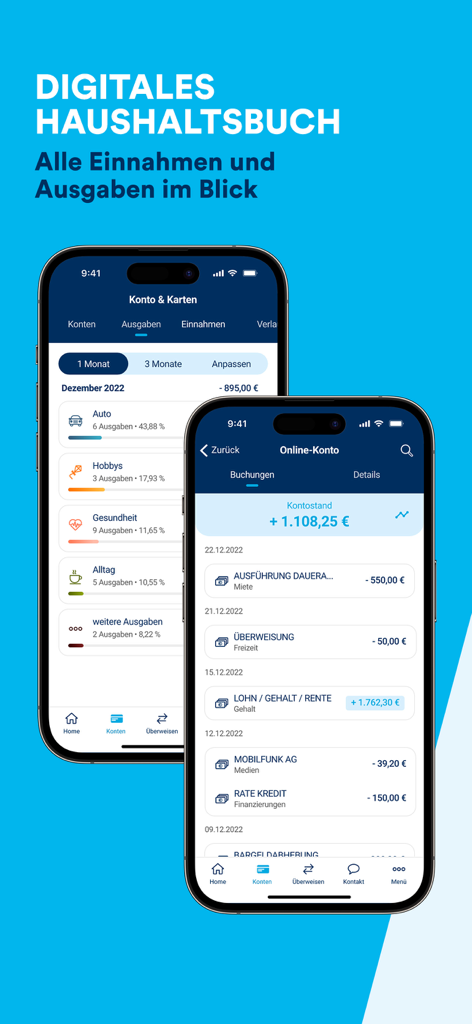 TARGOBANK mobile app interface showing digital household book feature for tracking expenses and account transactions