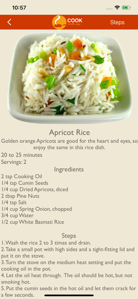 Cook With Me - A detailed view of the apricot rice recipe on the Cook With Me mobile app featuring a clean layout and ingredients list