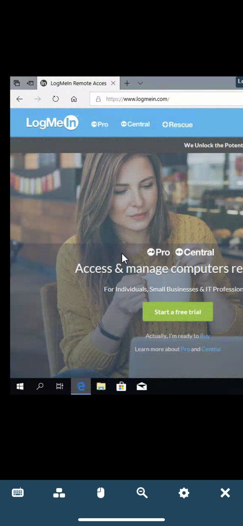 LogMeIn Pro app displaying a remote desktop session on a mobile screen