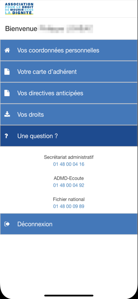 The home screen of the ADMD et Moi app displaying menu options for advance directives, patient rights, and member services.