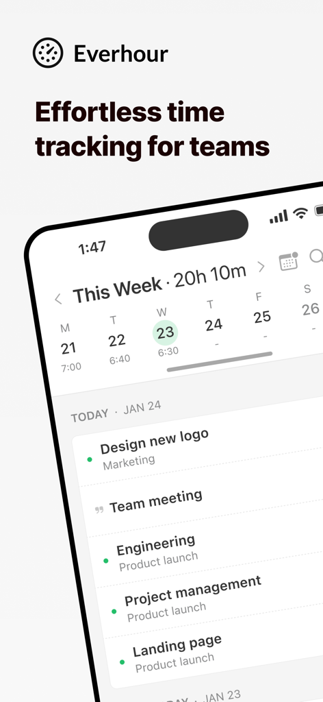 Everhour mobile interface showing weekly time tracking summary and daily task list