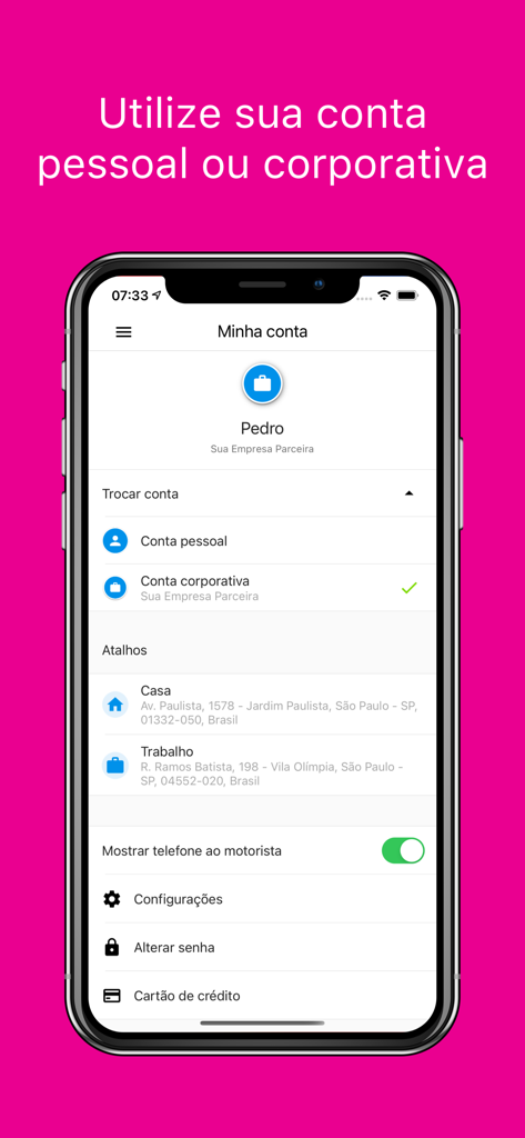 Wappa: Táxi e Carro Particular - Wappa app screen interface showing options to toggle between personal and corporate accounts for travel and expense management.
