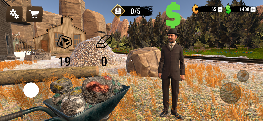 Wild West Miner - Gold Rush 3D - Gameplay screenshot of Wild West Miner showing a wheelbarrow of ore and a businessman with a dollar sign icon for gold negotiation