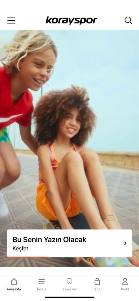 Korayspor Mobil - Korayspor mobile shopping app home screen showing a summer sports apparel banner with children on a skateboard