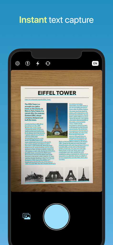 Prizmo Go app interface showing instant OCR text capture on a printed document about the Eiffel Tower