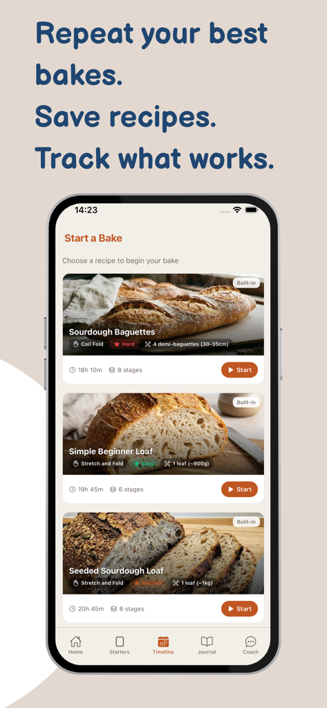 Sourdough Forge: Starter - Sourdough Forge app interface showing a list of sourdough bread recipes with baking times and difficulty levels