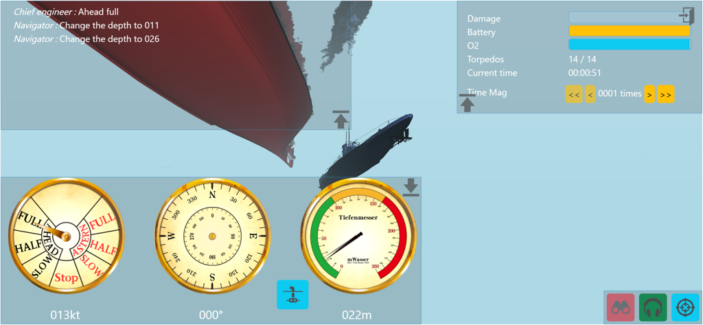Captura de pantalla de la jugabilidad del Simulador de Submarino 3D mostrando el panel de control realista, incluyendo velocímetro, brújula y profundímetro bajo el agua