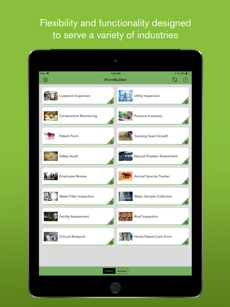 iPad-Display zeigt verschiedene branchenspezifische Datenerfassungsformulare für iForm Kiosk