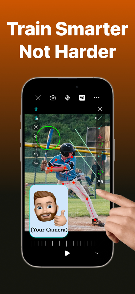 Stride: AI Form Coach - Baseball player swing analysis with AI skeleton overlay and drawing tools in the Stride app