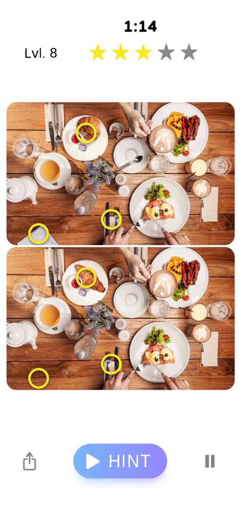 Gameplay screen of Spot the Difference Find 5 showing differences circled in yellow on a breakfast scene