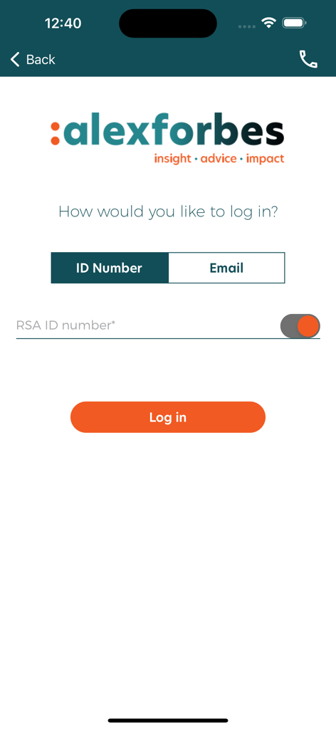 Alexforbes Invest - Alexforbes Invest app login screen with RSA ID number input field and log in button