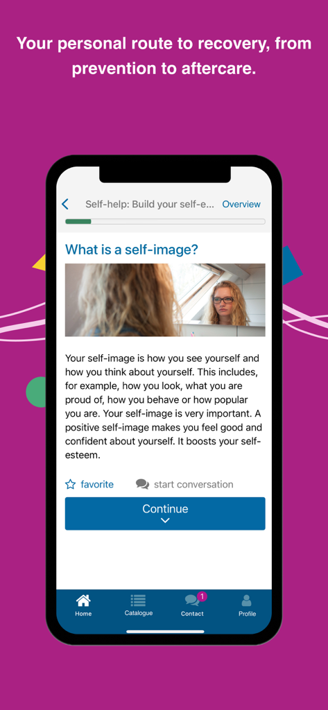 Minddistrict - Oberfläche der Minddistrict App, die ein Selbsthilfe-Trainingsmodul zu Selbstbild und psychischem Wohlbefinden zeigt
