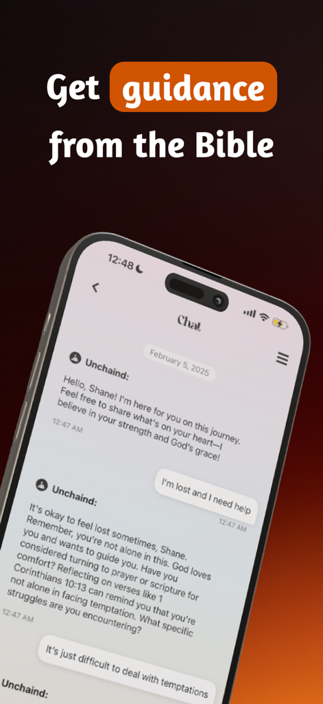 AI bible companion chat interface in the Unchaind app providing spiritual guidance