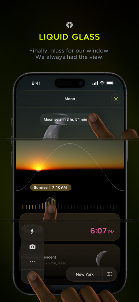 Lumy - Sun Tracker for Outdoor - Un smartphone affichant l'interface de l'application Lumy avec un design en verre, permettant de suivre les heures de coucher et de lever de la lune.
