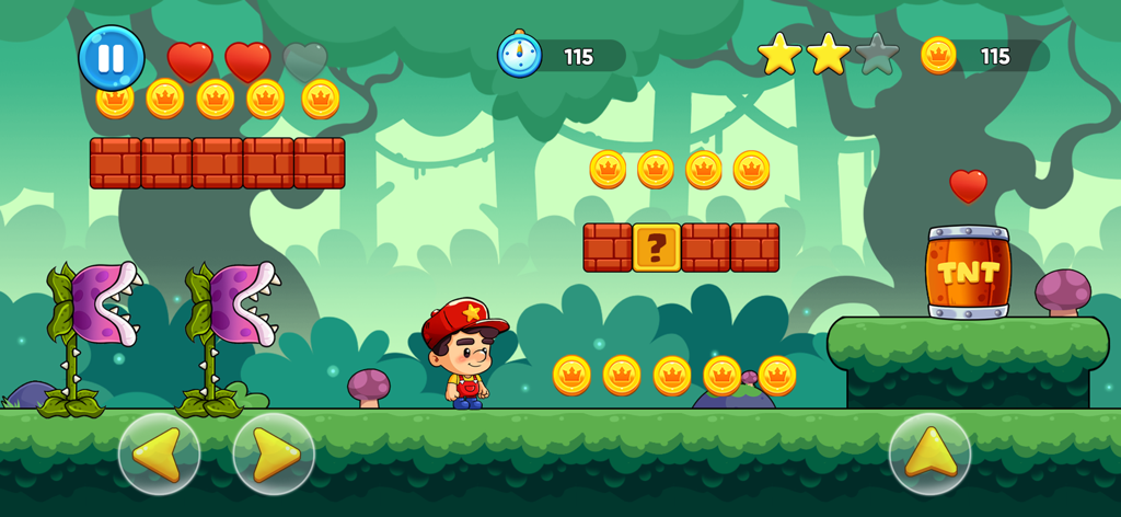 Max's World™ - Fun Adventure - Gameplay screenshot of Max's World showing a character in a jungle environment with coins and platform obstacles