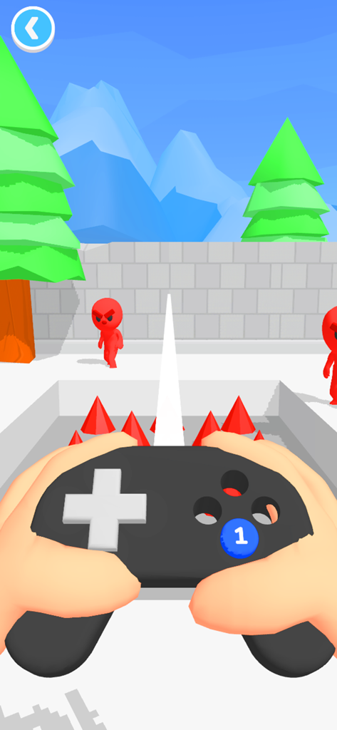 The Mind Controller - First-person perspective of a player using an in-game controller to manipulate red characters in a 3D environment.