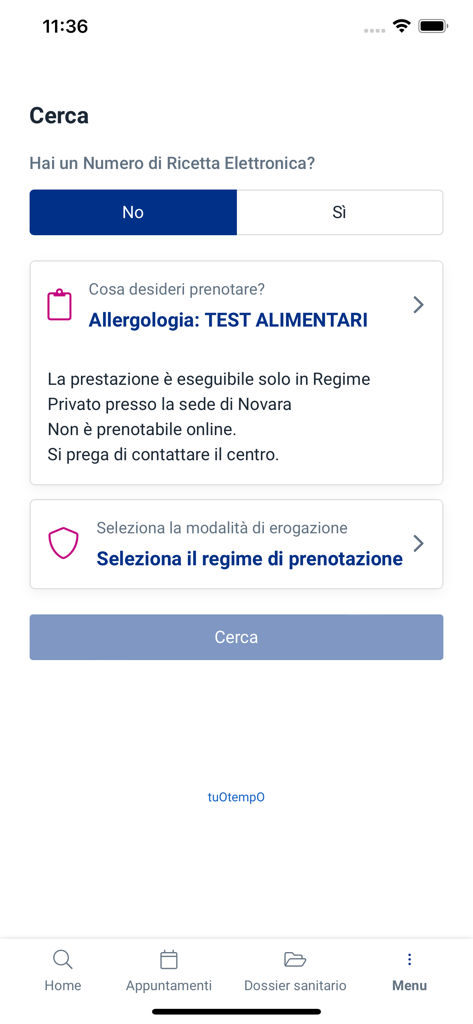 CDC|Affidea - Schermata di ricerca dell'app CDC Affidea che mostra la selezione dei servizi medici per i test di allergie alimentari.