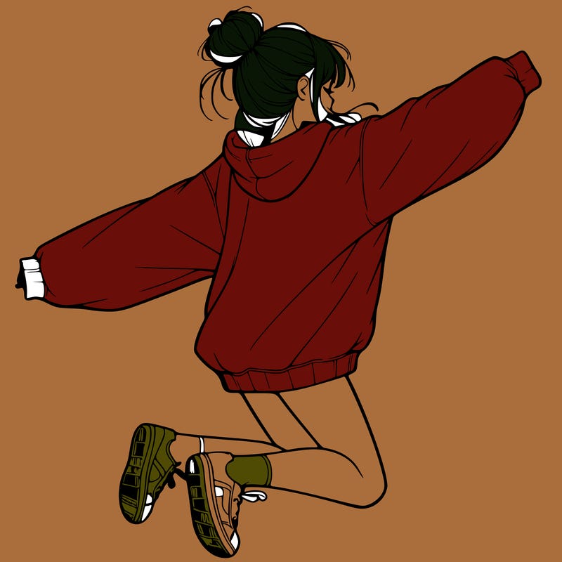 realistic girl jumping with a bun and oversized sweatshirt