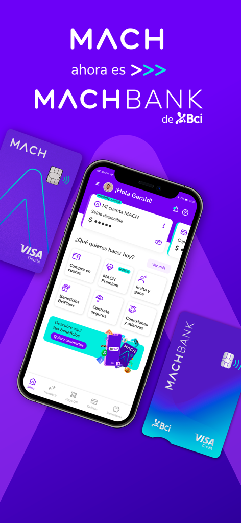 Interfaz de la aplicación móvil MACHBANK mostrando el saldo de la cuenta y tarjetas de débito y crédito Visa
