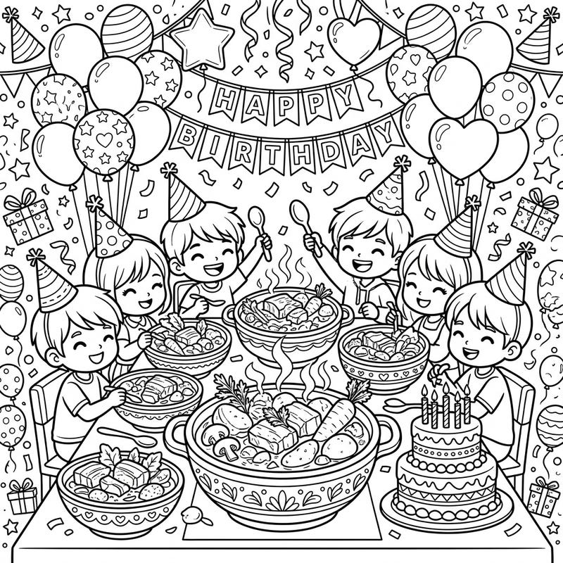 Join a joyful birthday celebration where happy children gather around a table laden with steaming bowls of delicious pork stews and a festive birthday cake. This delightful coloring page captures the warmth of a special meal shared among friends on a memorable day.